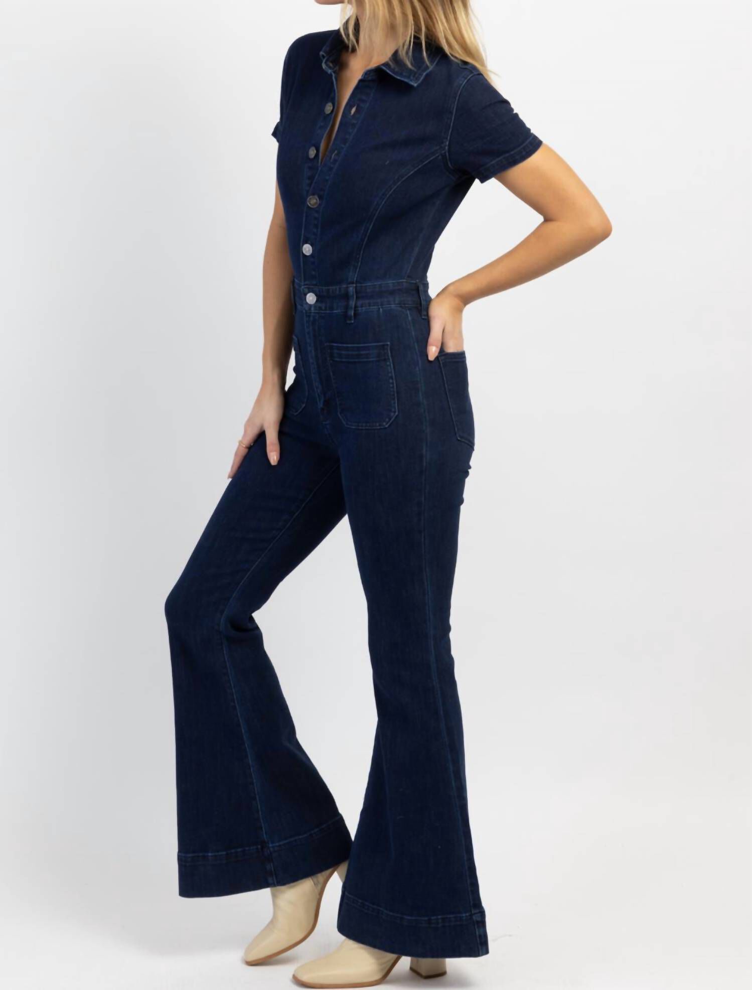 Good Karma Denim Flare Jumpsuit In Blue, , alternate image number 5
