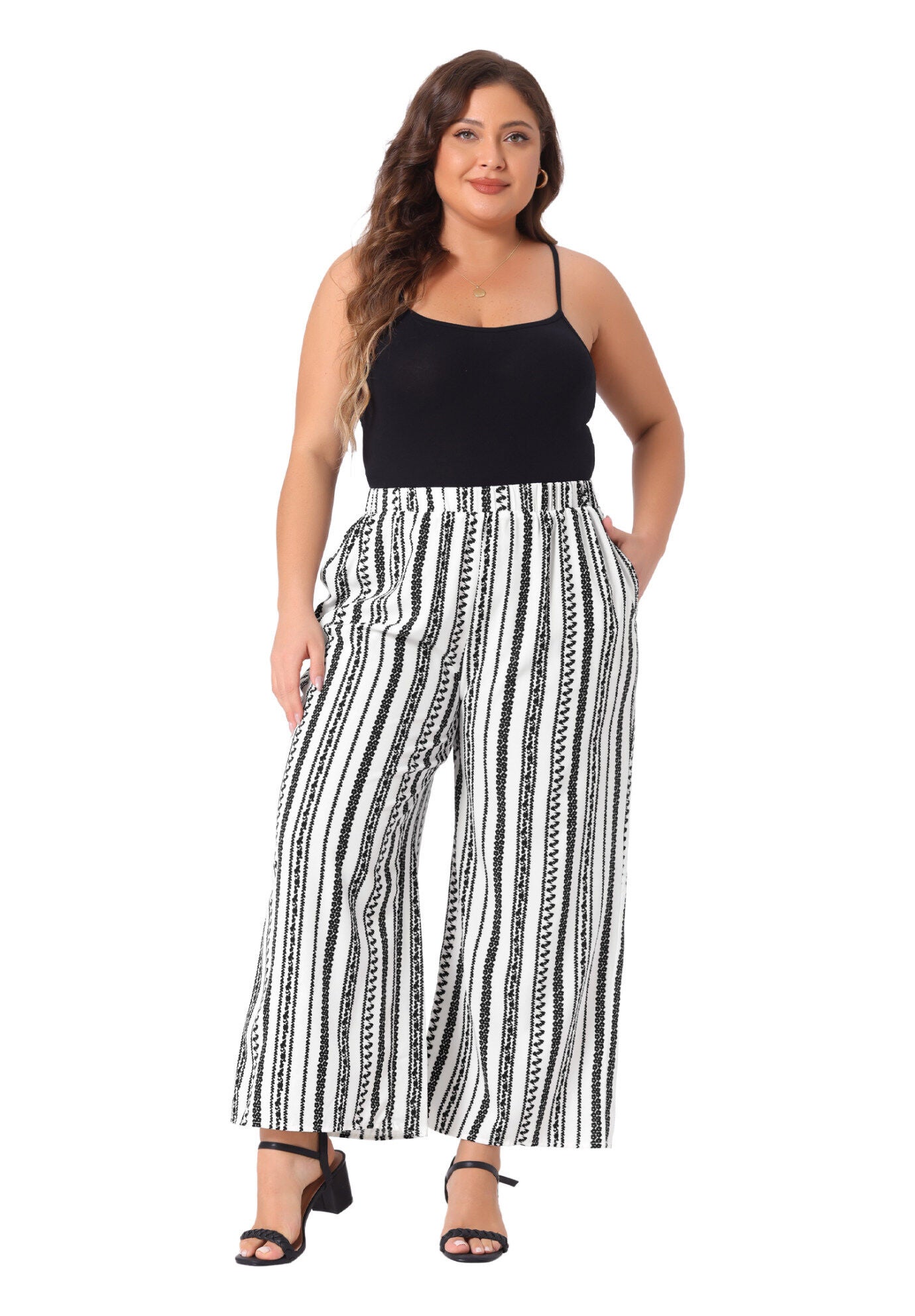 STRIPE BOHO WIDE LEG PAPER BAG PALAZZO PANTS, White Black / White, hi-res image number 0