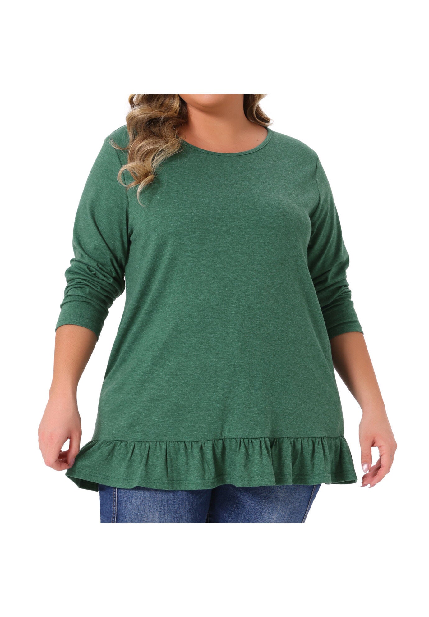 Crew Neck Ruffled Hem Flowy Blouses with Pockets, Green / Light Green, alternate image number 1