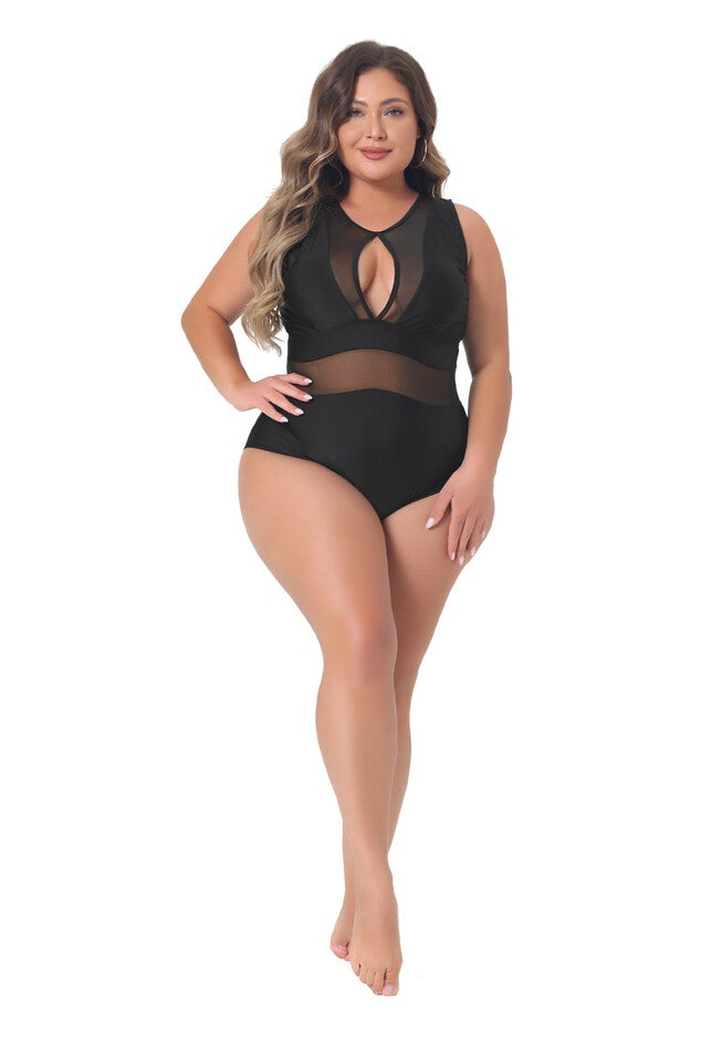 Summer Swimsuit Mesh Open Back Tie Plunge Swimwear, Black / Black, hi-res image number 0
