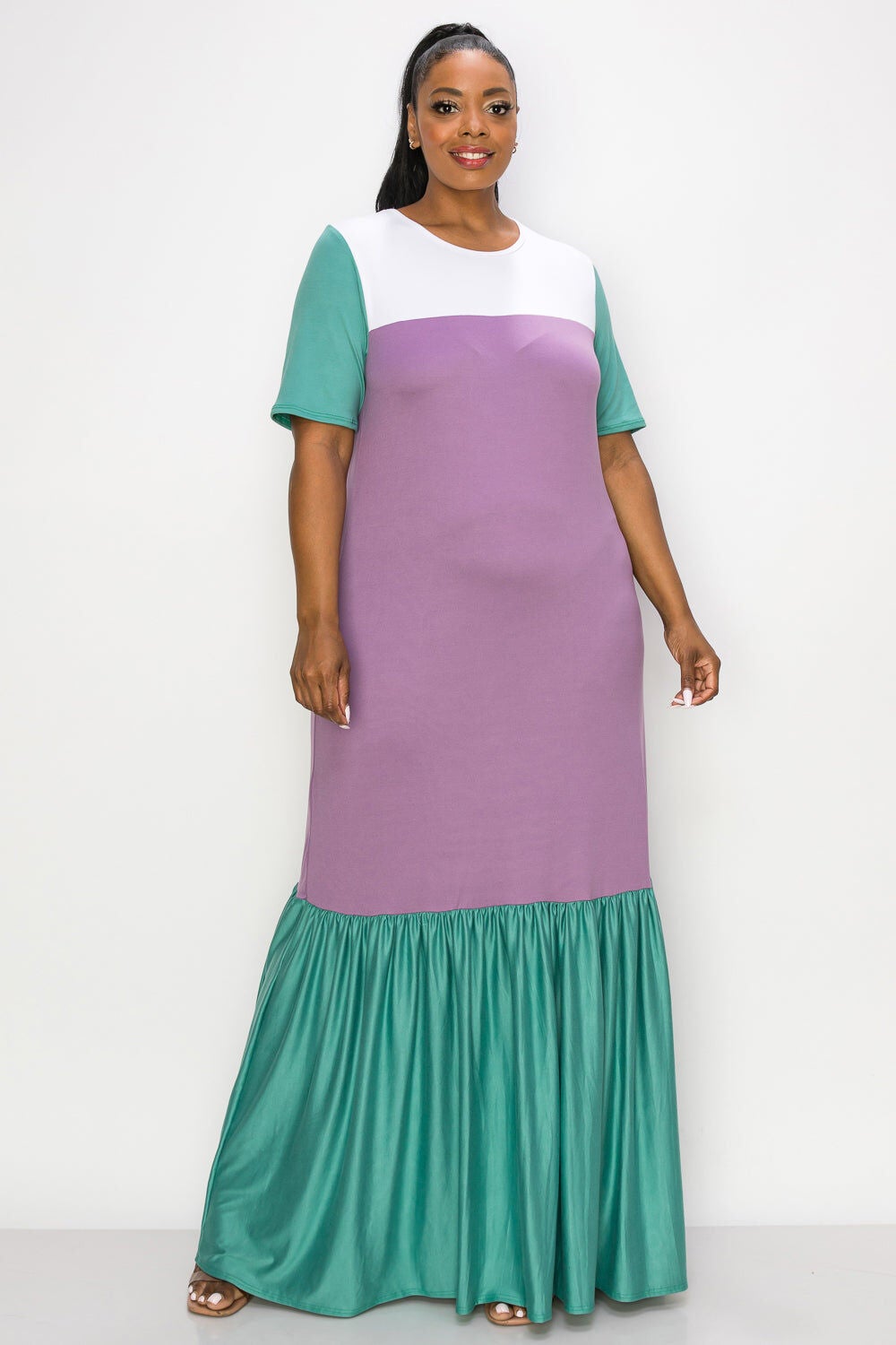 AMI COLORBLOCK MAXI DRESS, JadeWhitePlum / Lilac, alternate image number 2
