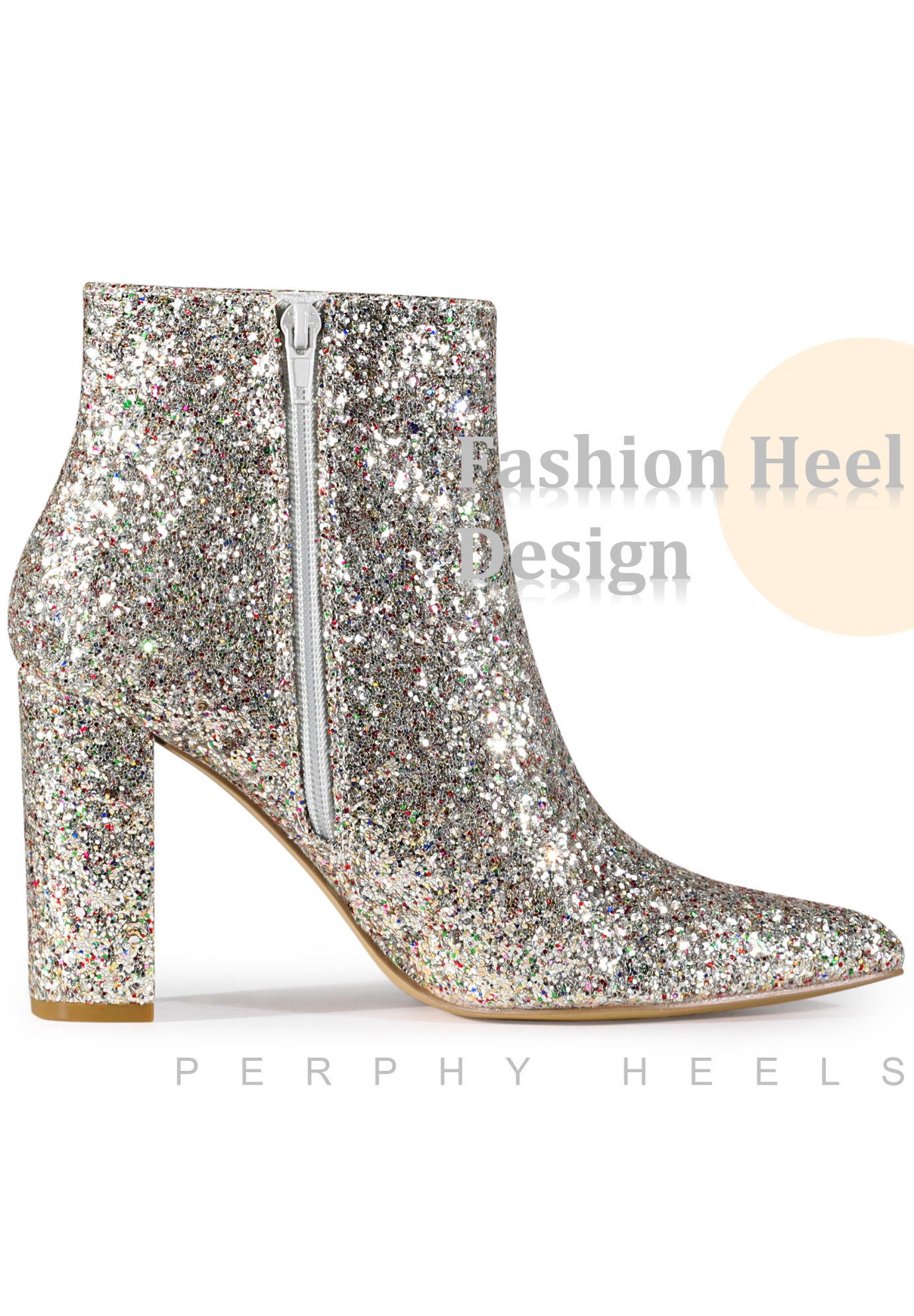 Glitter Pointed Toe Chunky Heels Sparkly Booties, Silver / Silver, alternate image number 3
