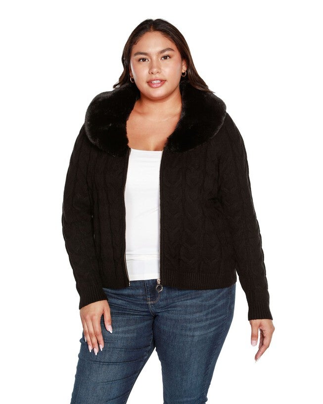 Faux Fur Collared Cable Cardigan, , alternate image number 7