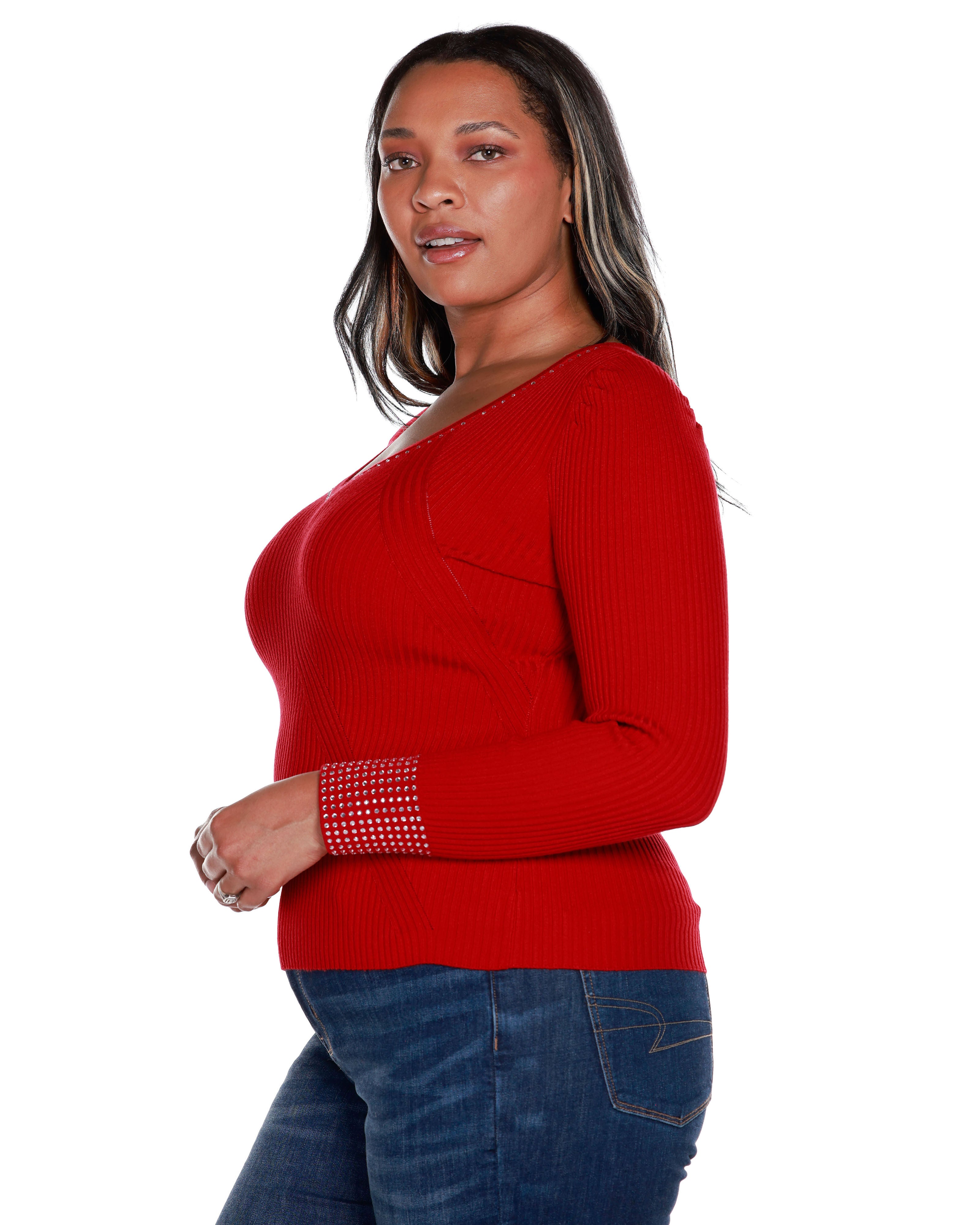 RHINESTONE-TRIM RIBBED SWEATER, Belldini Red / Red, alternate image number 2
