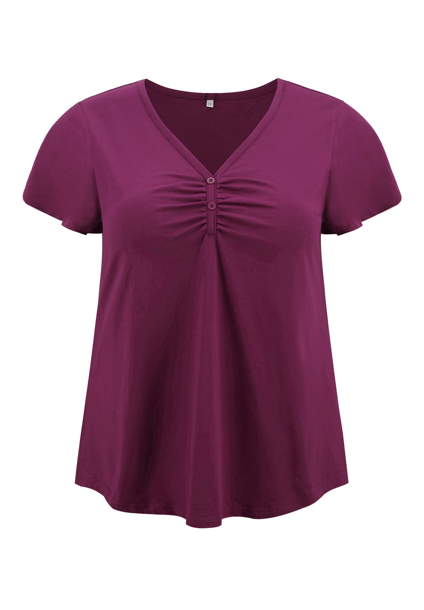 Front Pleated V Neck Flutter Sleeve Button Decor Blouse, Purple / Purple, alternate image number 3