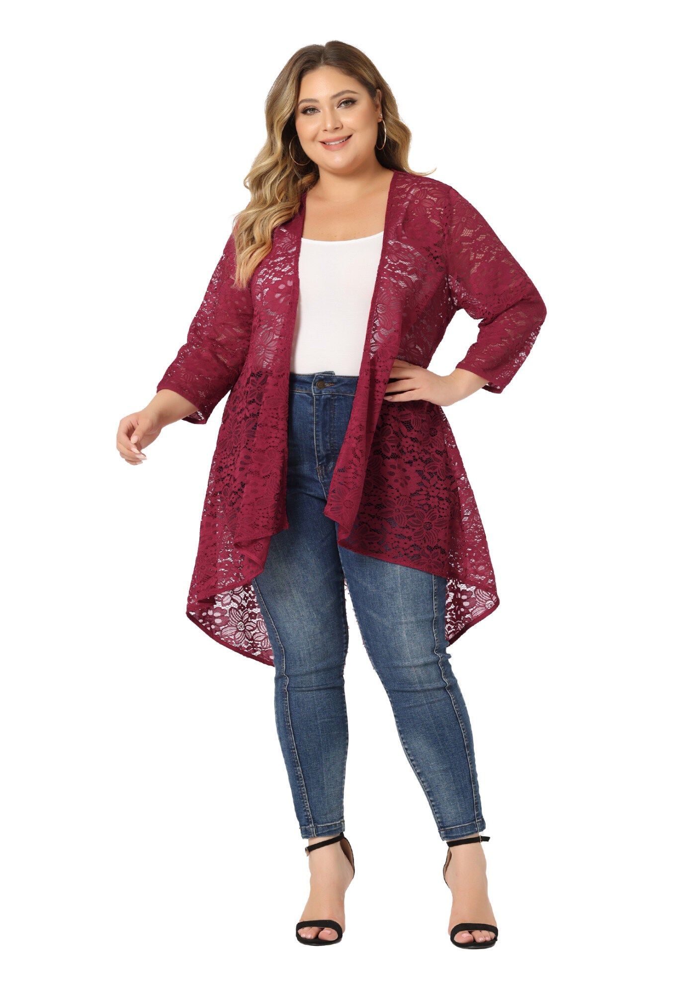 LIGHTWEIGHT 3/4 SLEEVE OPEN FRONT CROCHET LACE COVER UP, Burgundy / Red, alternate image number 4
