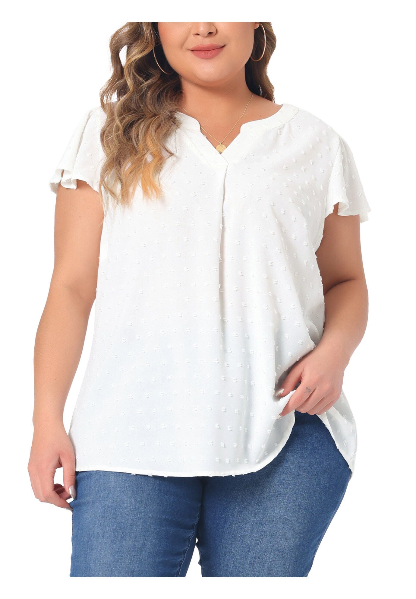 Swiss Dots Notched Neck Ruffle Sleeve Blouse, White / White, alternate image number 2