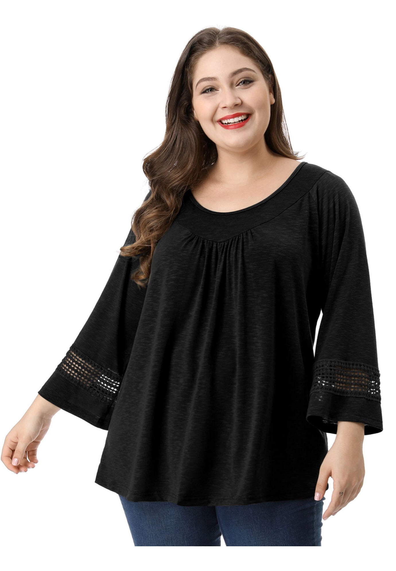 CROCHET PANEL HOLLOW OUT PLEATED TUNICS BLOUSE TOP, Black / Black, alternate image number 1