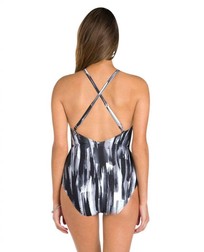 CROSS BACK ONE PIECE SWIMSUIT, Amo Black / Warm Grey, alternate image number 1