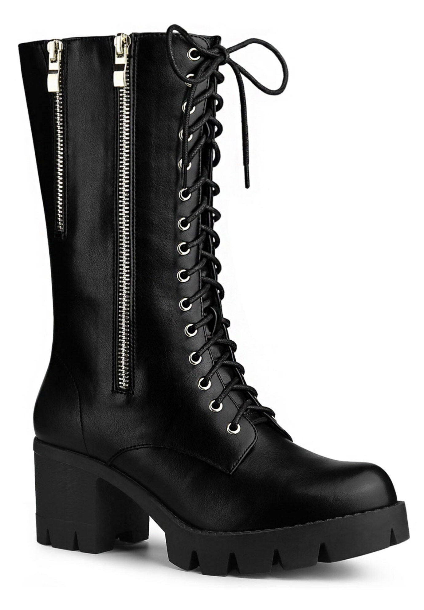 Lace Up Platform Chunky Heel Mid Calf Combat Boots, Black / Black, hi-res image number 0