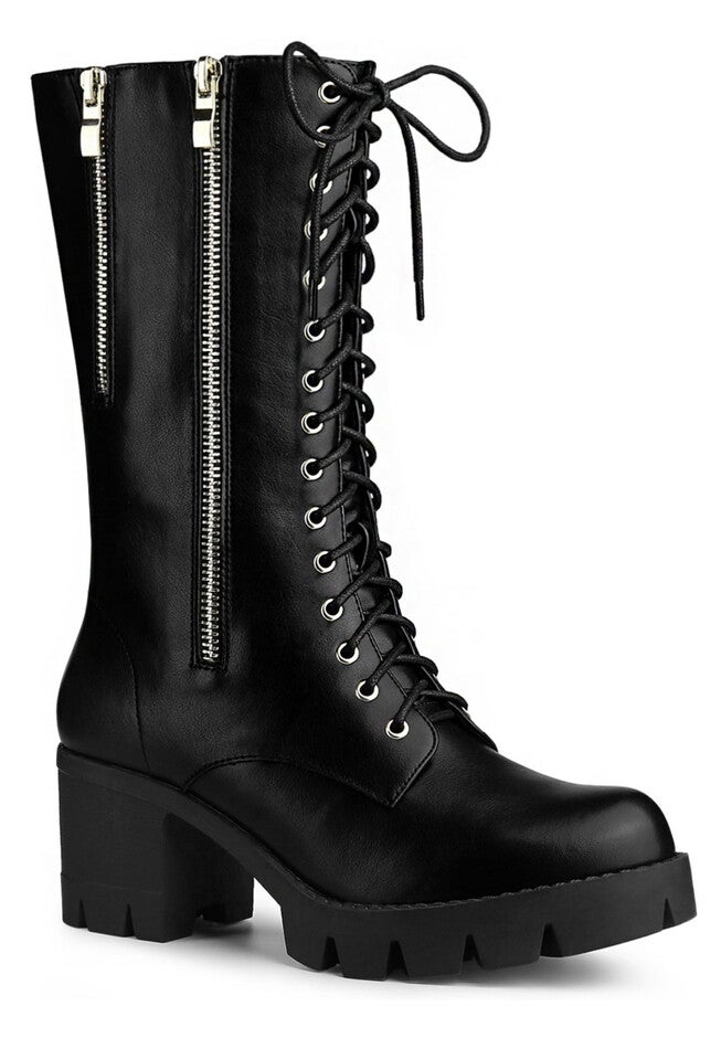 Lace Up Platform Chunky Heel Mid Calf Combat Boots, Black / Black, hi-res image number 0