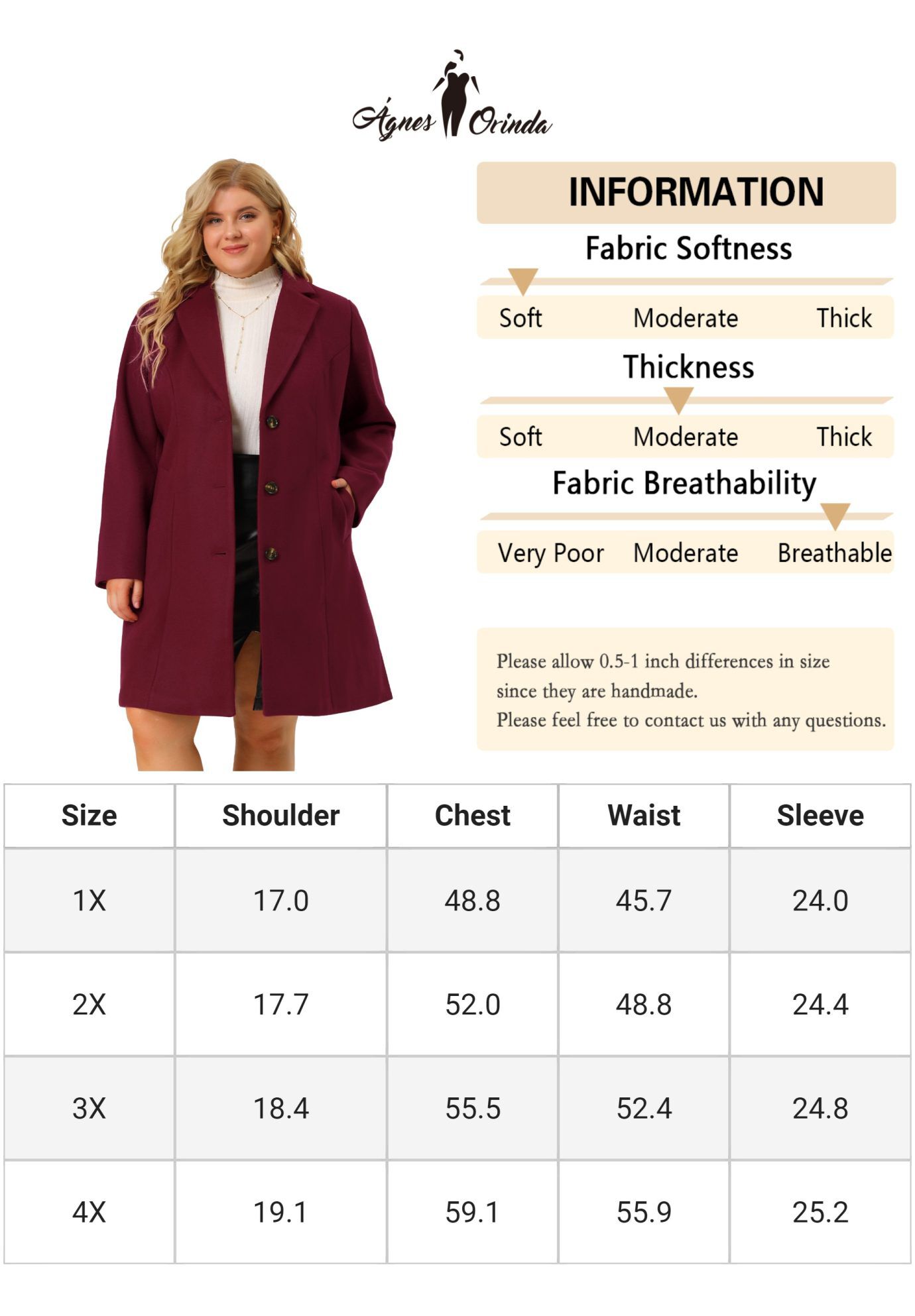 SINGLE BREASTED NOTCHED LAPEL LONG WINTER COAT, Wine Red / Red, alternate image number 4