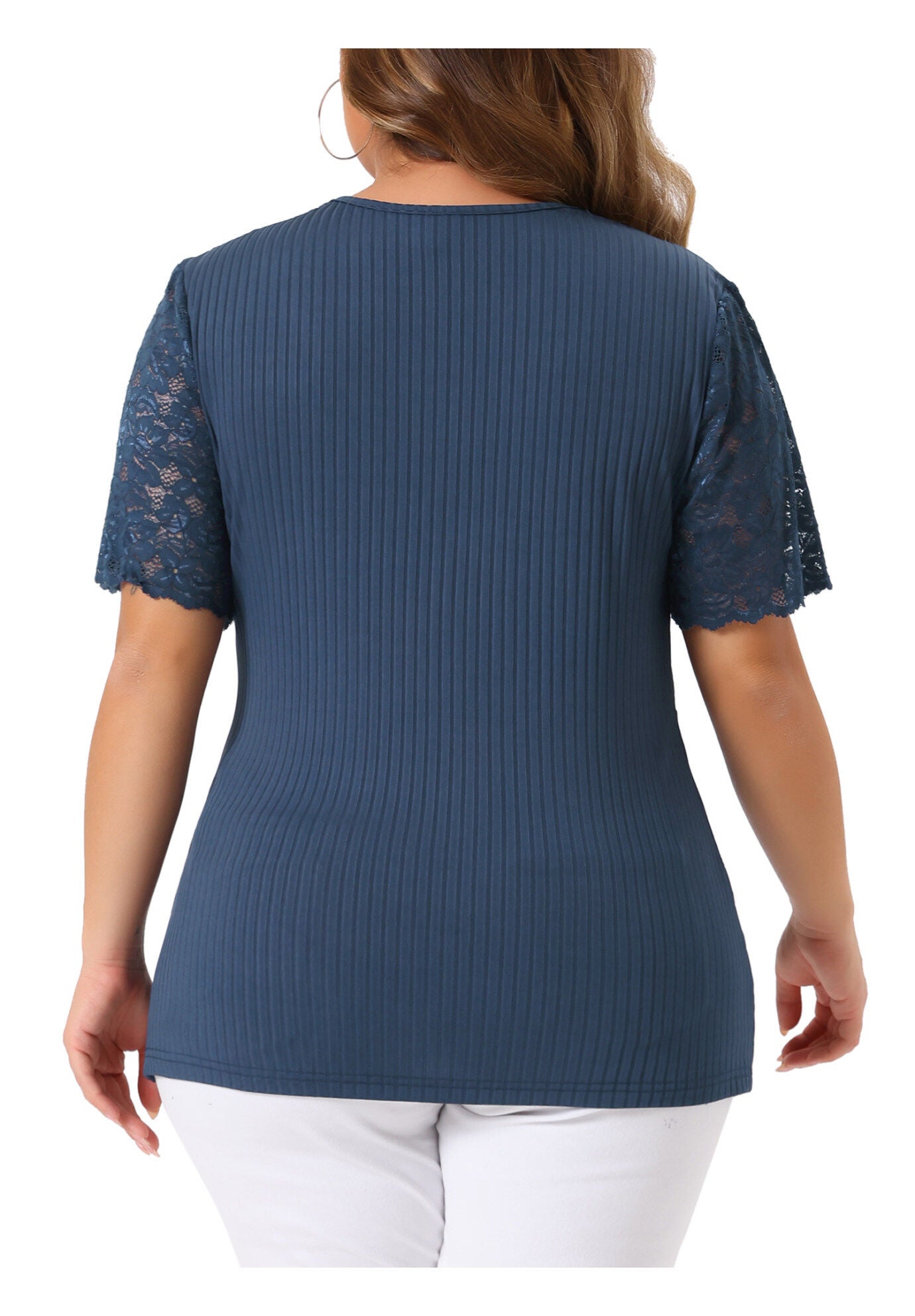 V Neck Short Sleeve Lace Ribbed Knit Tunic Top, Navy Blue / Navy, alternate image number 3