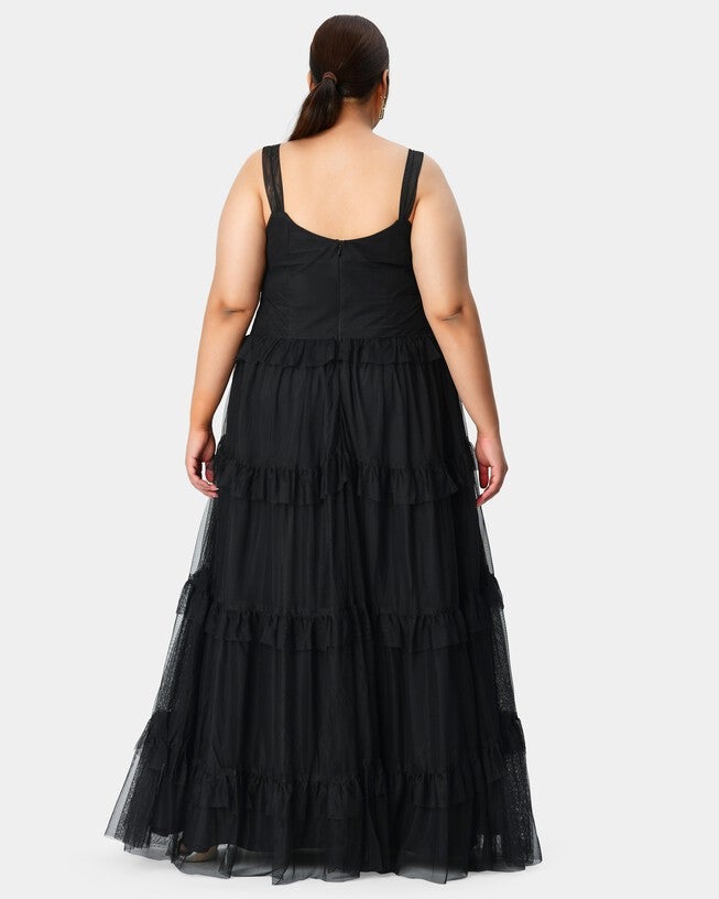 Corset-style sheer tulle maxi tiered dress, Black / Black, alternate image number 2