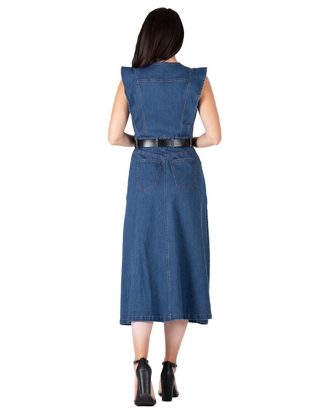 Verona Women's Plus Size Ruffle Sleeveless A-Line Midi Denim Dress, Dark Blue / Navy, alternate image number 2