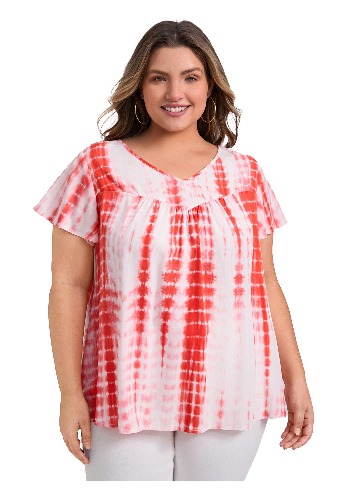 Tie Dye V Neck Ruffle Short Sleeve Pleated Blouse, Orange / Orange, hi-res image number 0