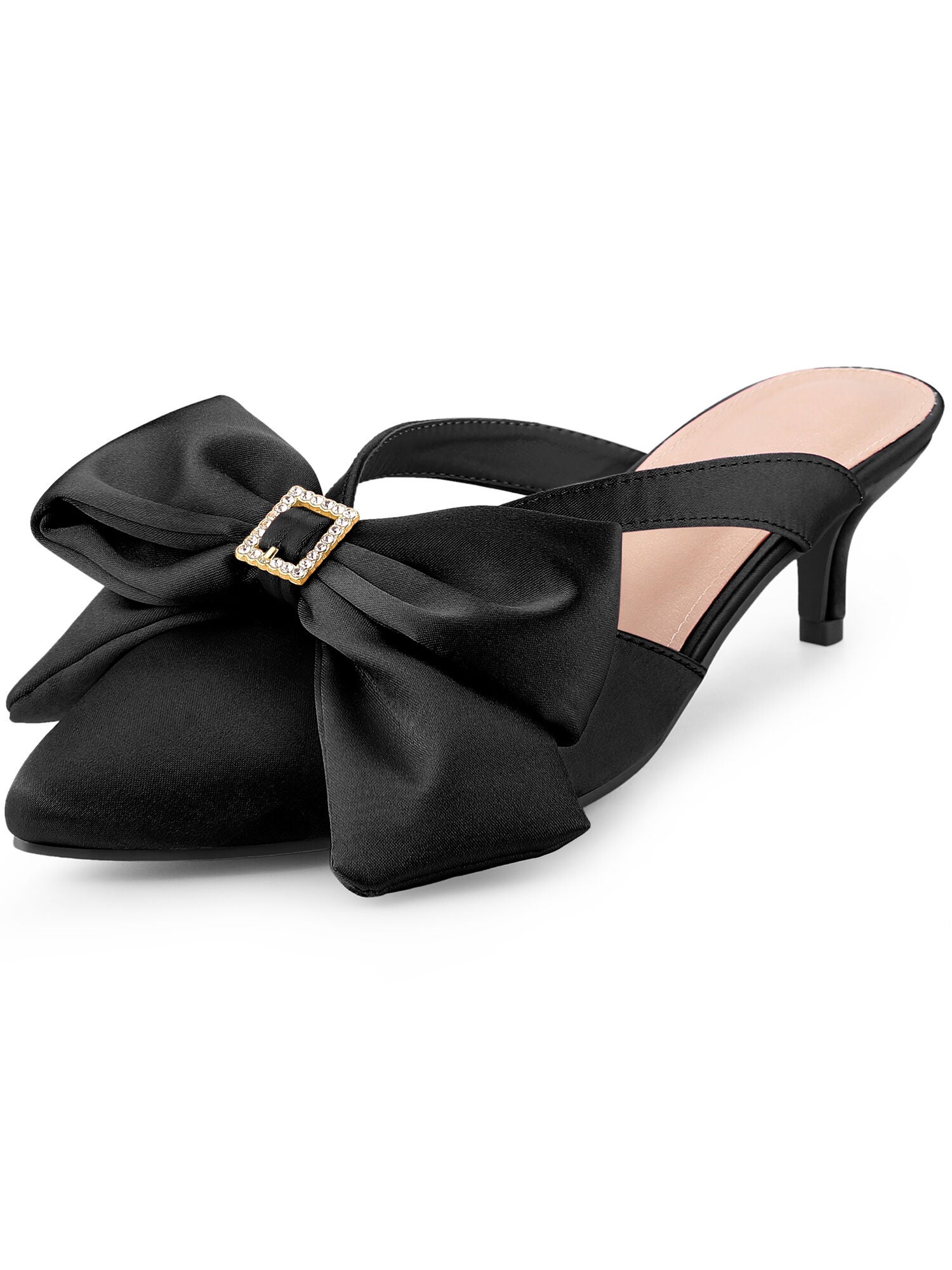 Bow Rhinestones Kitten Heels Satin Slide Mules, Black / Black, hi-res image number 0