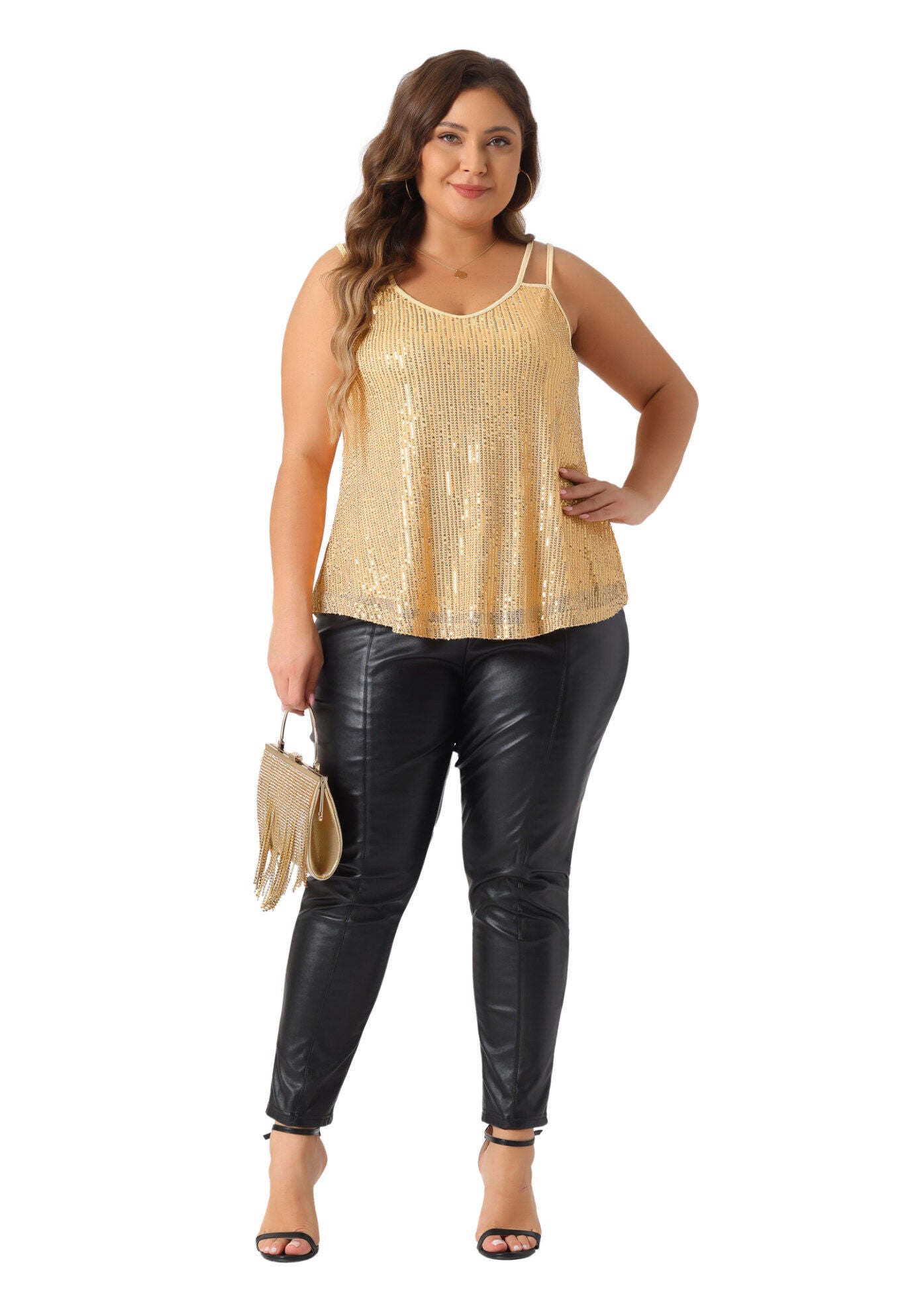 Metallic Spaghetti Strap Cami Party Tank Sequin Top, Gold / Gold, hi-res image number 0