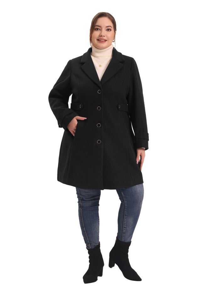 Single Breasted Notched Lapel Elegant Long Coat, Black / Black, hi-res image number 0