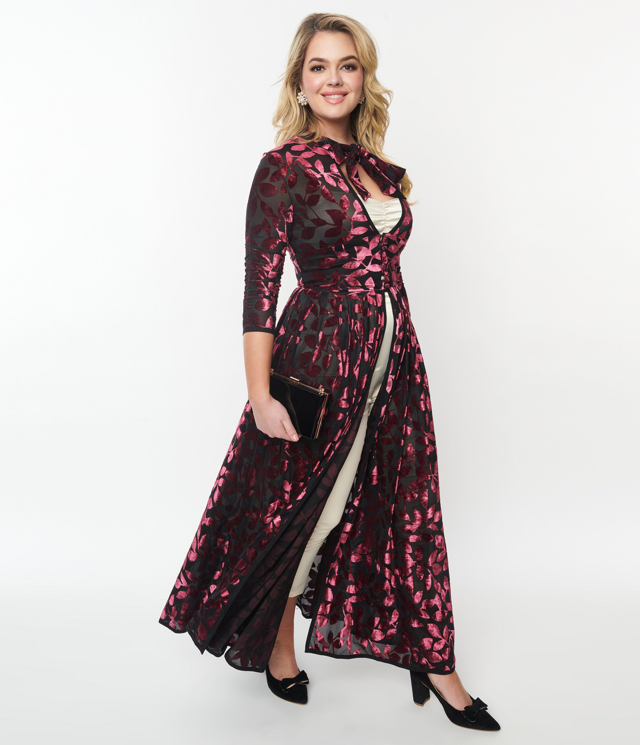Unique Vintage Burgundy Velvet Burnout Floral Tallullah Duster, Burgundy Floral / Burgundy, hi-res image number 0
