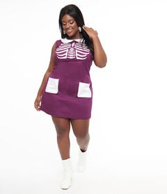 1960s Purple & White Skeleton Power Mini Dress