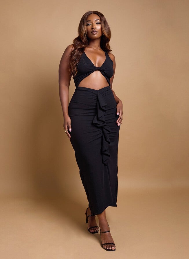 LUNA RUFFED CUT OUT MAXI DRESS, Black / Black, alternate image number 1