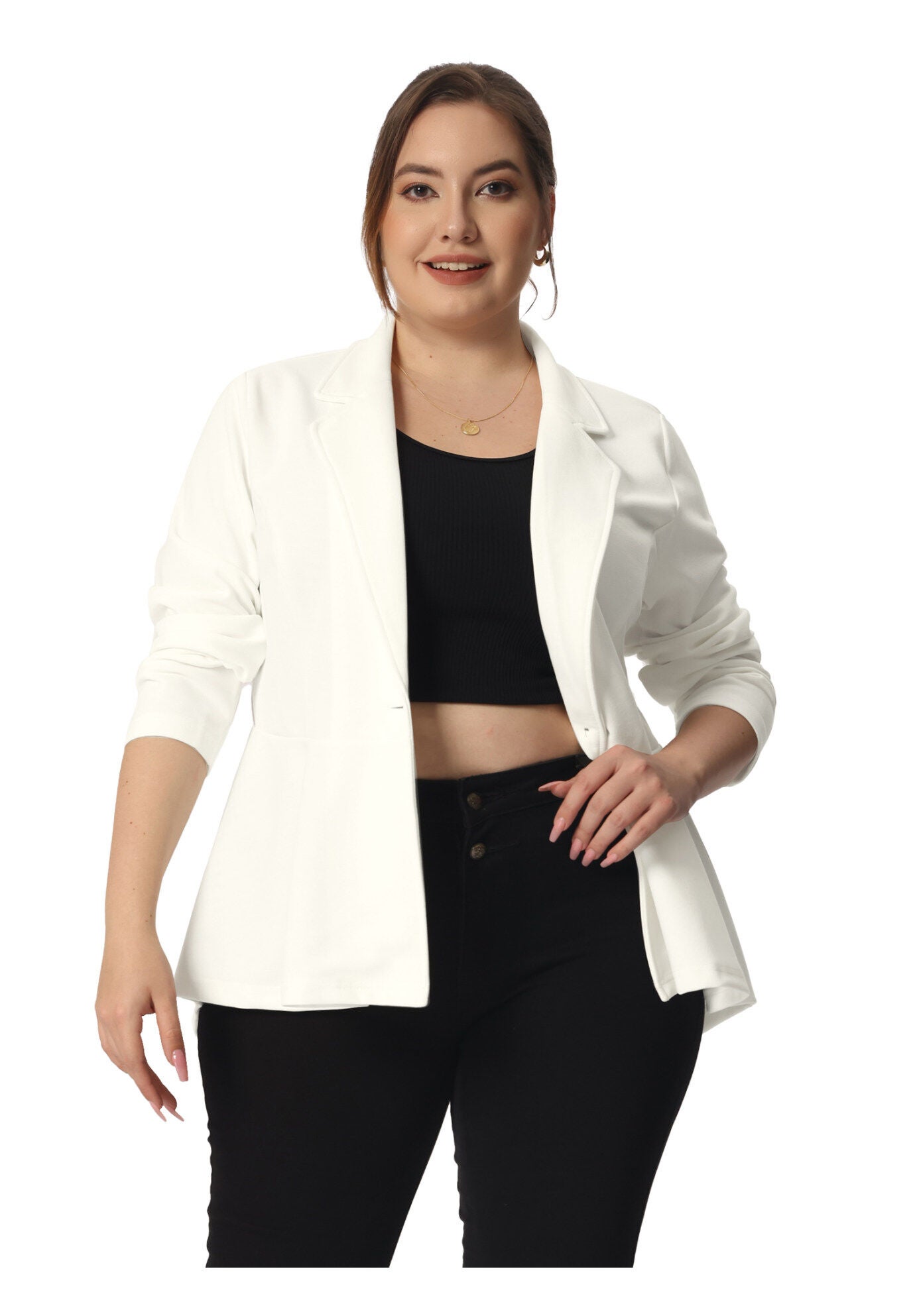 RUFFLE V NECK BUTTON NOTCH PANEL PEPLUM BLAZER, White / White, alternate image number 2