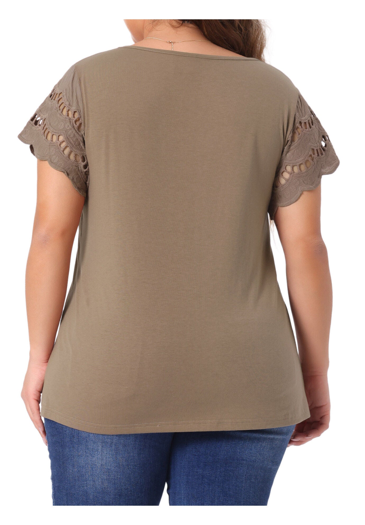 Lace Panel Hollow Short Sleeve Summer Blouse, Brown / Brown, alternate image number 3