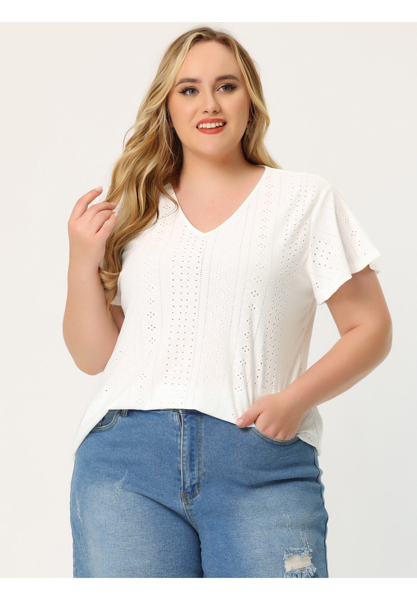 Summer Tee V Neck Hollow Flare Short Sleeve Casual Top Tunic, White / White, hi-res image number 0