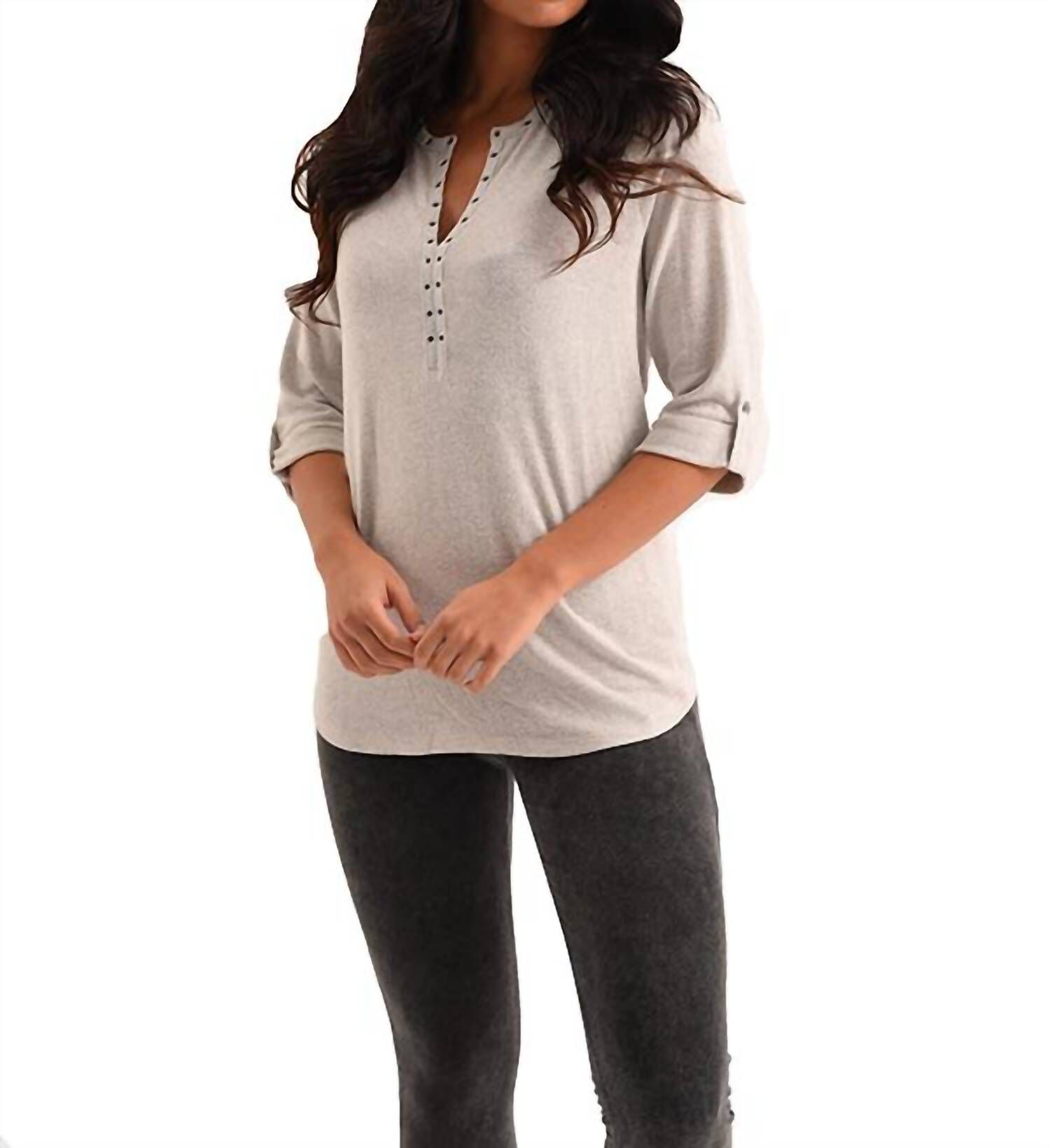 EMMA GROMMET V-NECK KASHMIRA TOP IN GRAY, Gray / Light Grey, hi-res image number 0