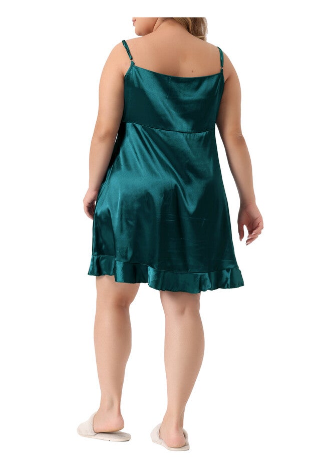 SATIN LINGERIE V-NECK SLEEVELESS RUFFLE TRIM CAMI DRESS NIGHTGOWN, Dark Green / Forest Green, alternate image number 4