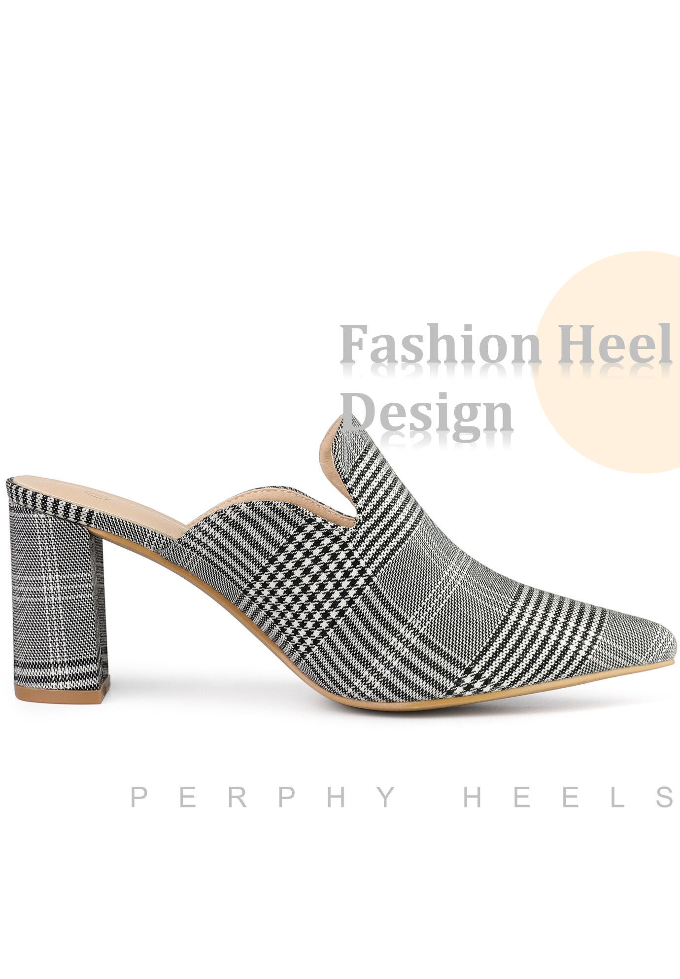 Pointed Toe Slip on Chunky Heels Houndstooth Slide Mules, Black White / Cool Gray, alternate image number 3