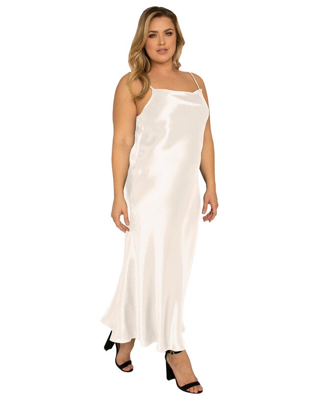 Michelle Plus Size Cowl Neck Spaghetti Strap Satin Slip Midi Dress, , alternate image number 5