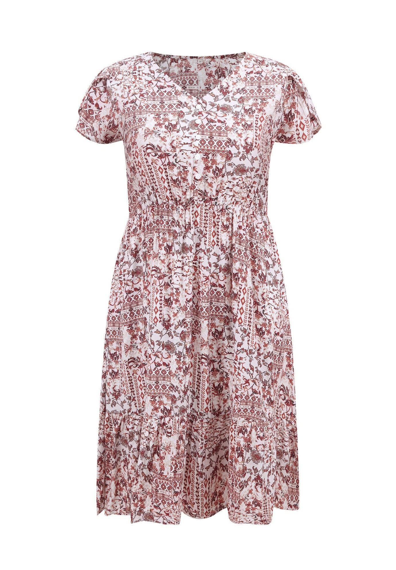 Floral Print V Neck Cap Sleeve A Line Flowy Midi Dress with Pockets, Brown Red / Burnt Orange, alternate image number 3