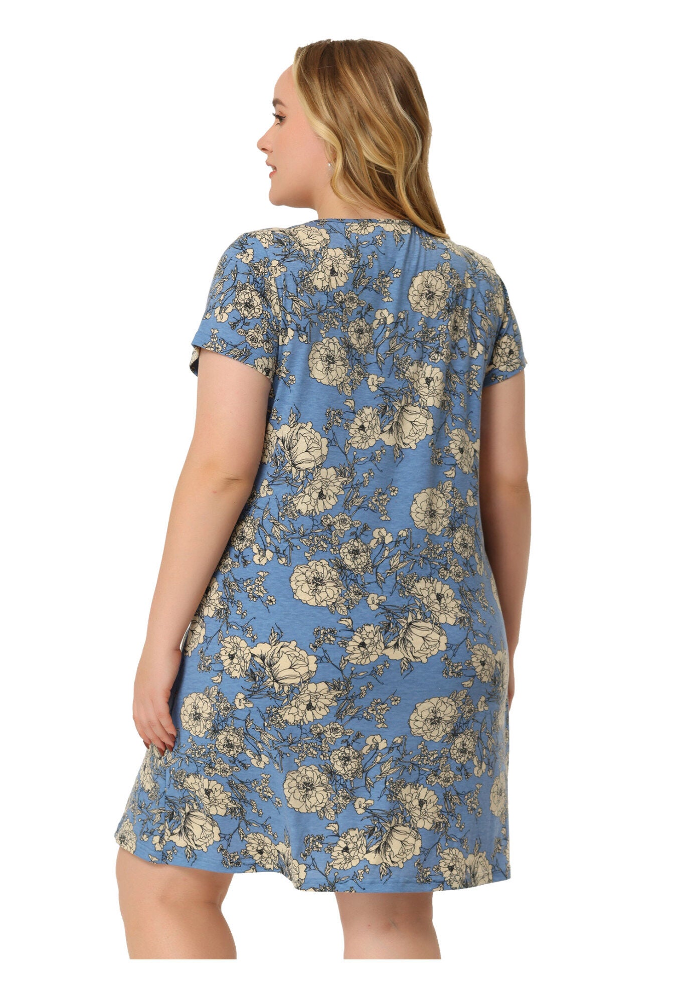 Short Sleeves Pleated Summer Beach Casual Loose Floral Dress, Blue / Cornflower Blue, alternate image number 3