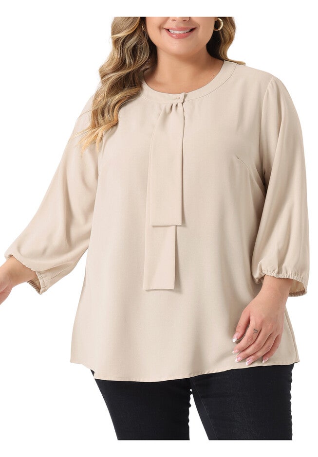 3/4 Sleeve Work Office Tie Front Ruffle Chiffon Blouse Top, Apricot / Cream, alternate image number 1