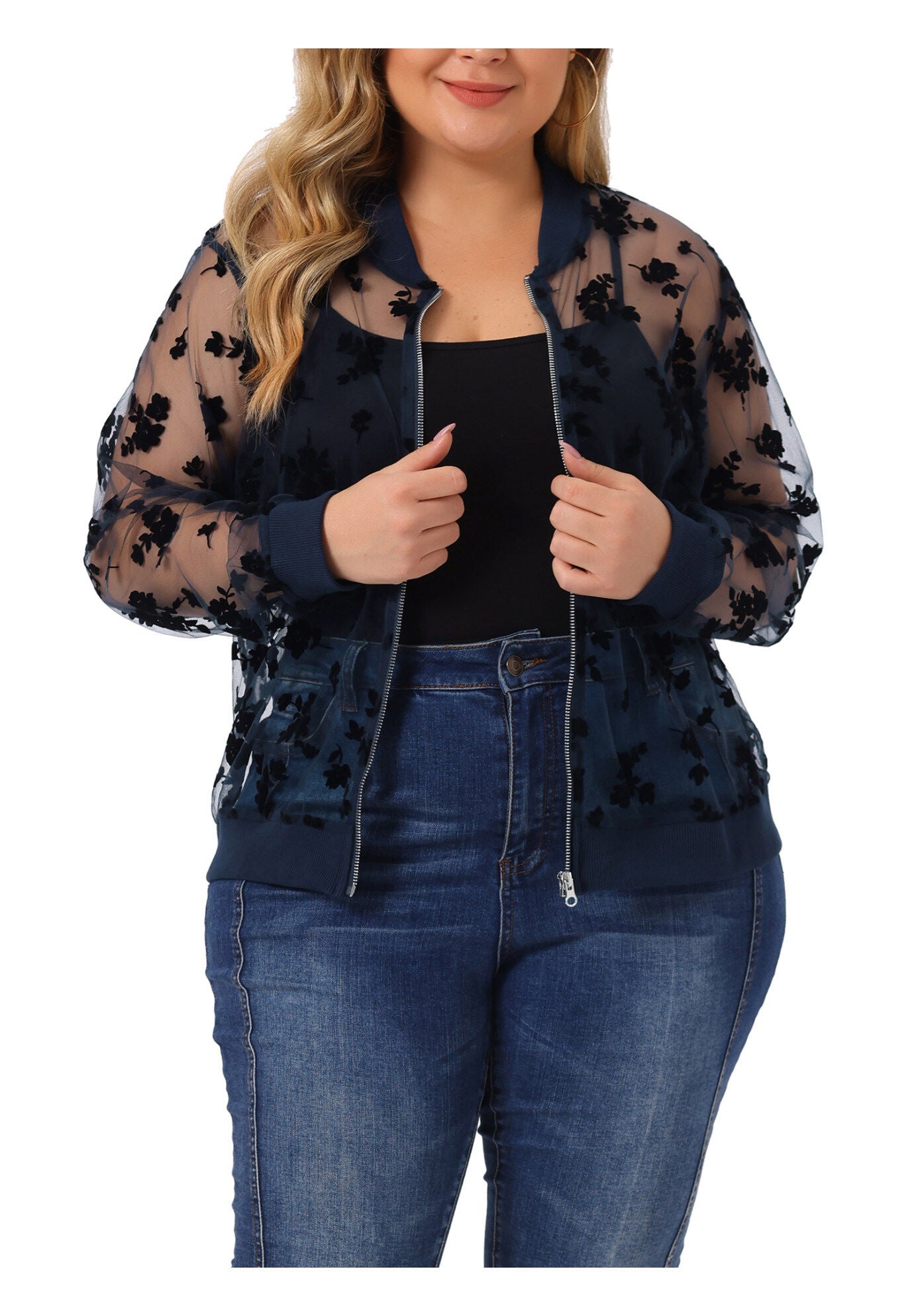 SHEER FLORAL LACE LONG SLEEVE BASEBALL JACKET, Navy Blue / Navy, alternate image number 2