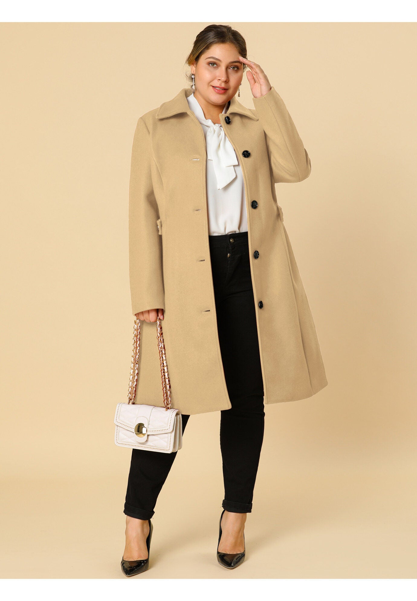 SINGLE BREASTED BELTED WINTER LONG COAT, Khaki / Taupe, hi-res image number 0