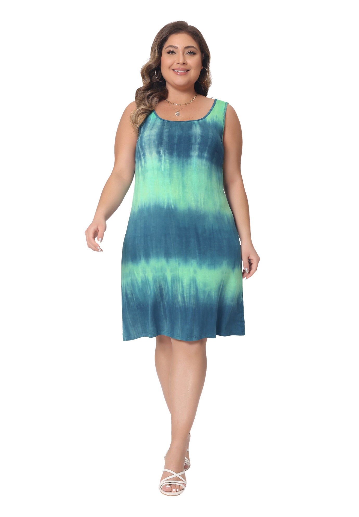 Summer Sleeveless Tie Dye Tank Loose Sundress, Blue Green / Teal, hi-res image number 0