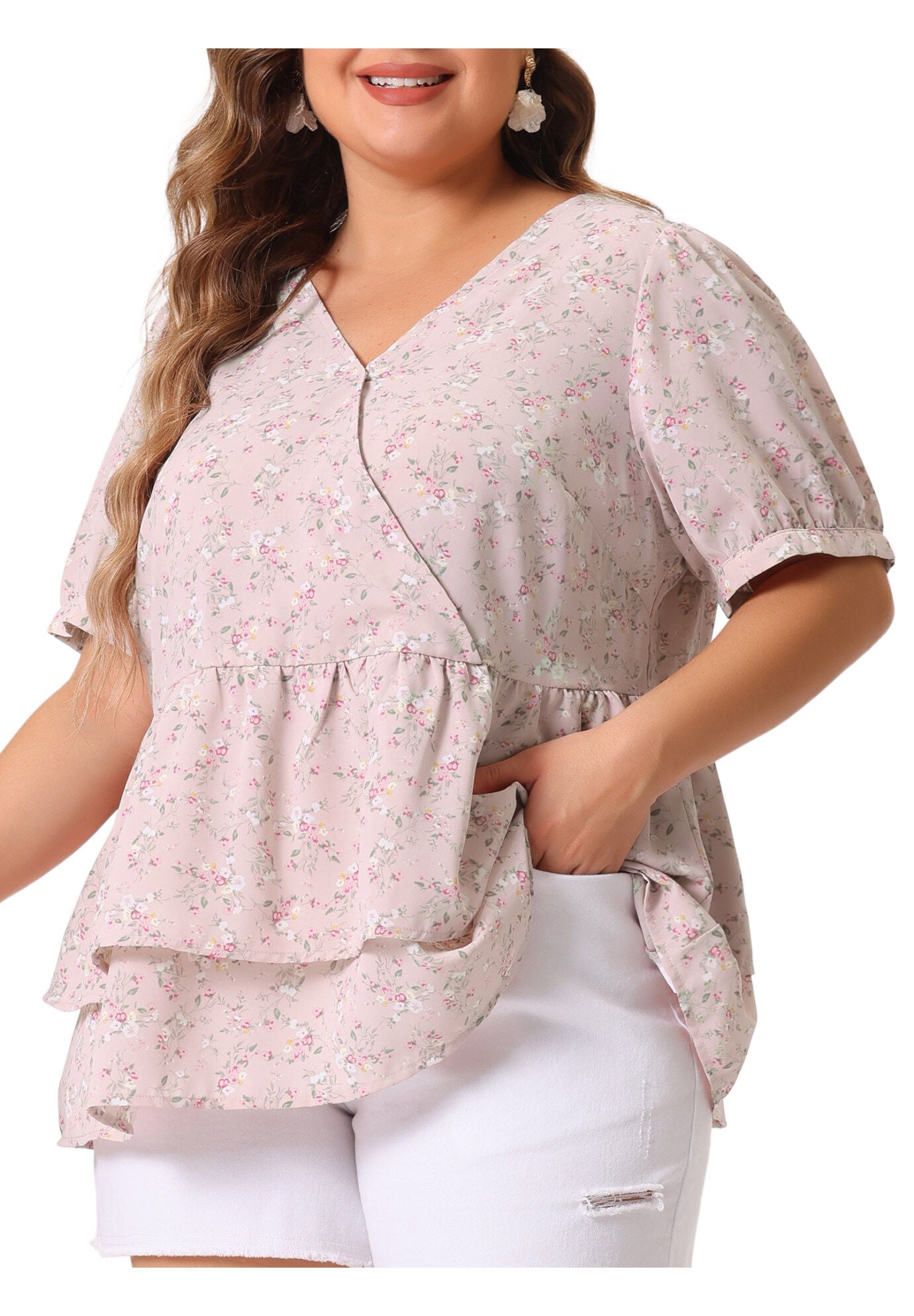 V Neck Short Sleeve Layered Peplum Top Summer Floral Blouse, Pink / Pink, alternate image number 1