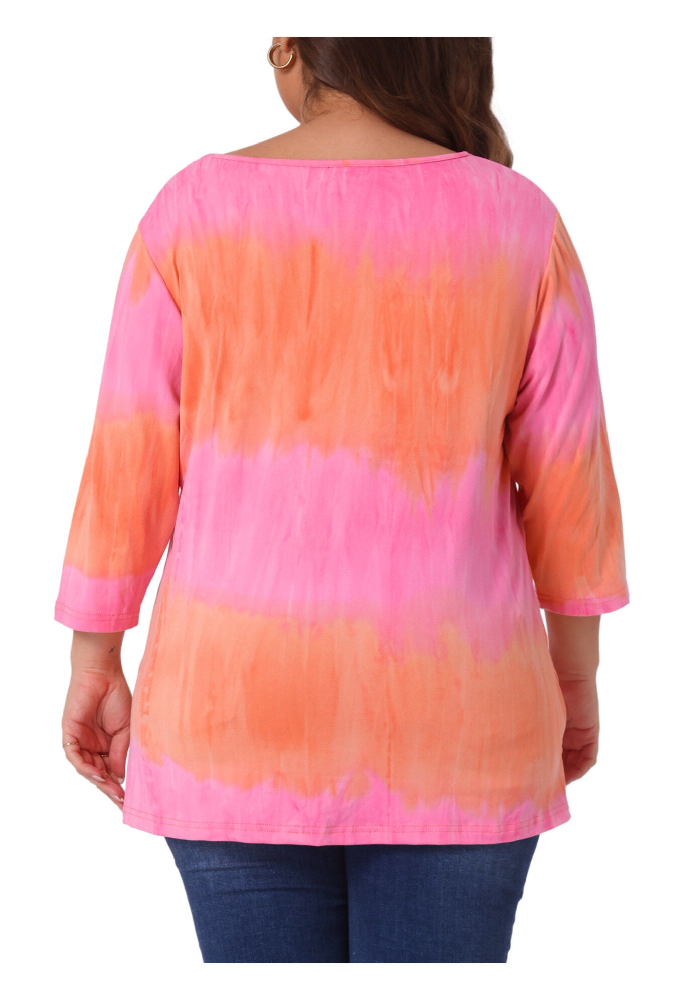 V Neck 3/4 Sleeve Loose Casual Striped Tie Dye Print T-Shirt Top, Pink / Pink, alternate image number 3