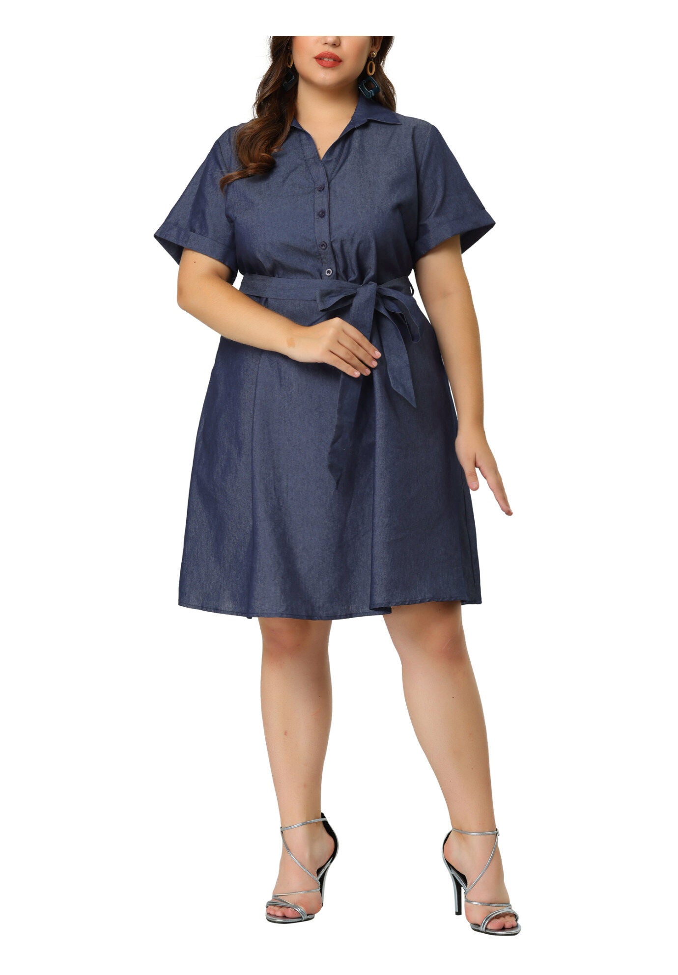 Buttons Belted Short Sleeves Chambray Dress, Black Blue / Navy, alternate image number 1