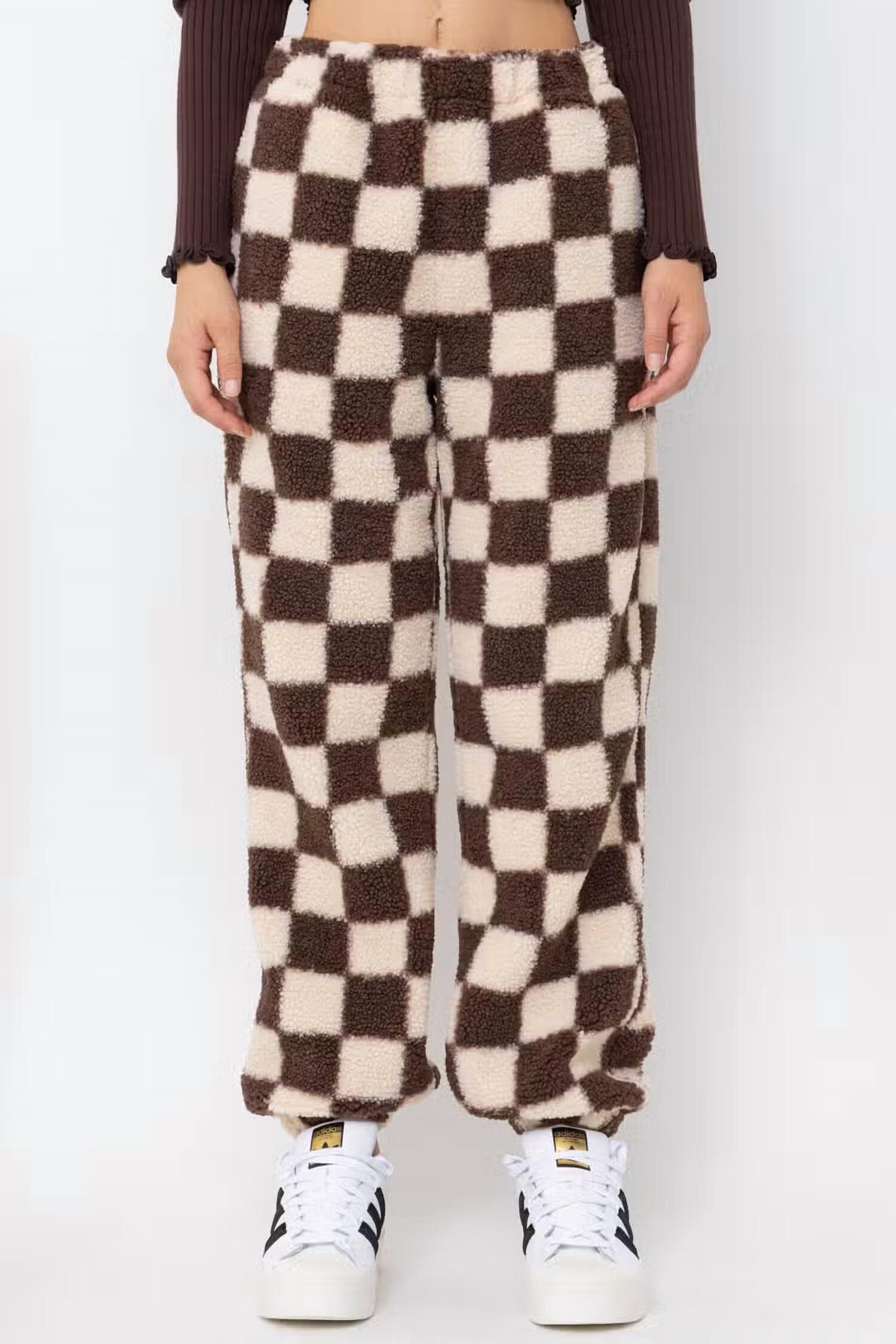 Checkered Print Teddy Joggers In Cream And Brown Dia Co