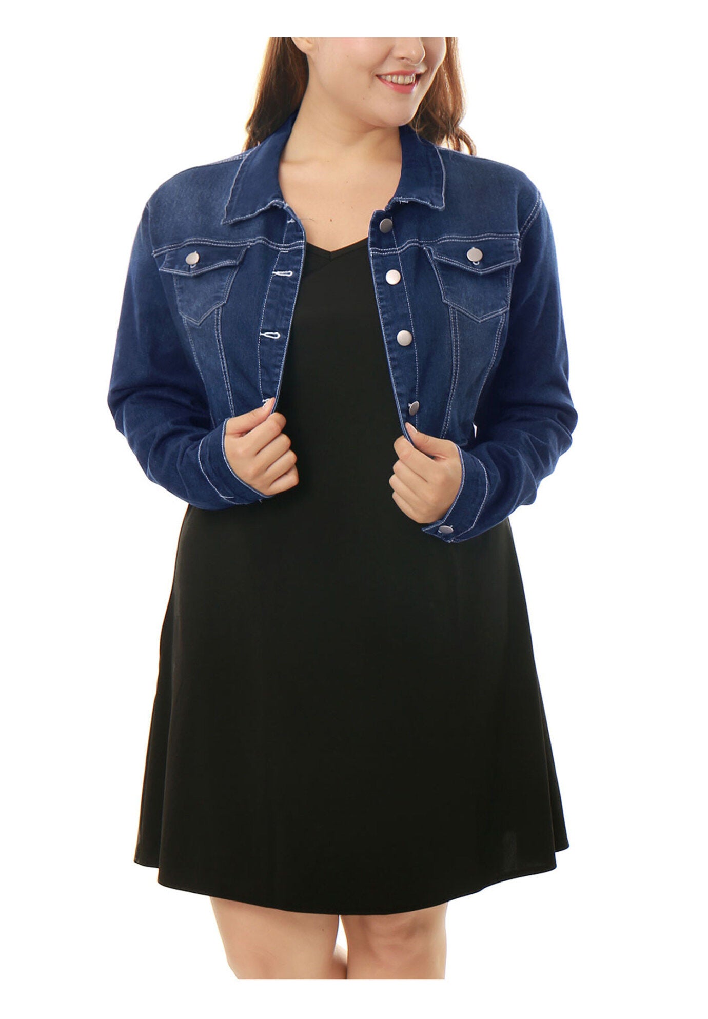 BUTTON CLOSED CROPPED DENIM JACKET, Dark Blue / Navy, hi-res image number 0