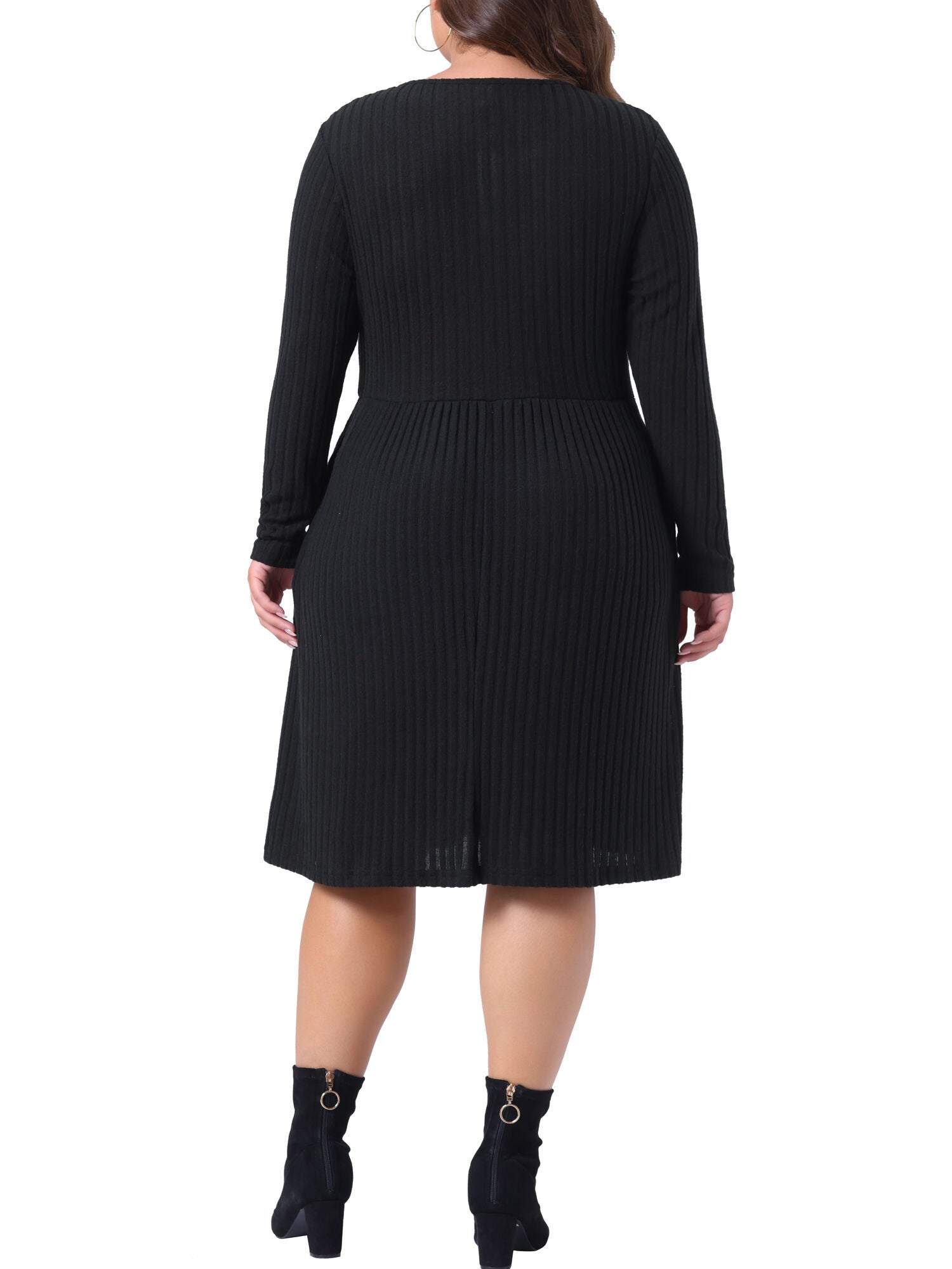 Round Neck Long Sleeve Elegant Ribbed Midi Knit Sweater Dress, Black / Black, alternate image number 3