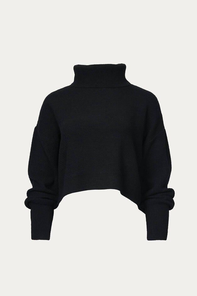 SLOUCHY CROPPED TURTLENECK SWEATER IN BLACK, Black / Black, hi-res image number 0