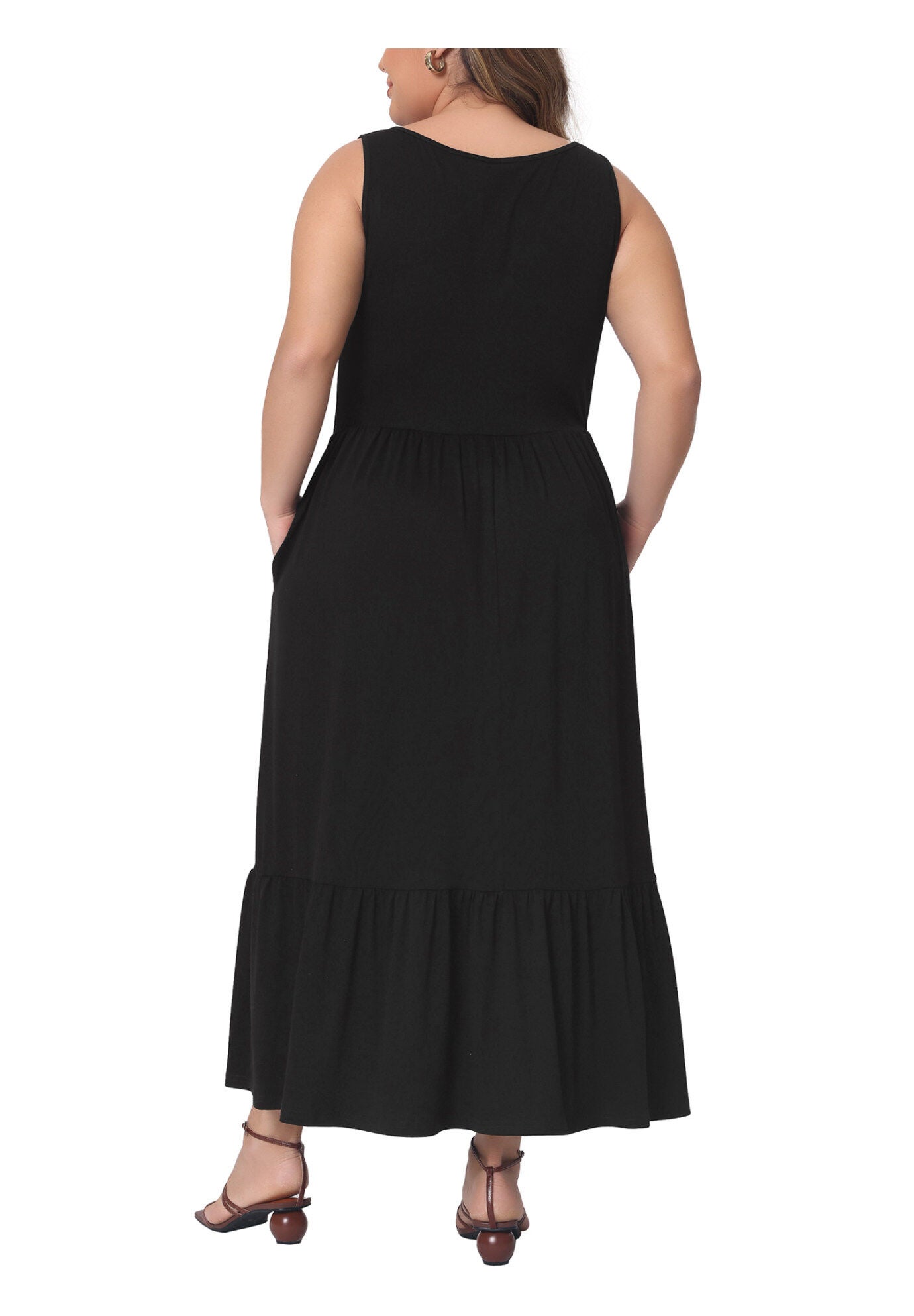 Sleeveless Swing Flowy Summer Maxi T-Shirt Dress with Pockets, Black / Black, alternate image number 3