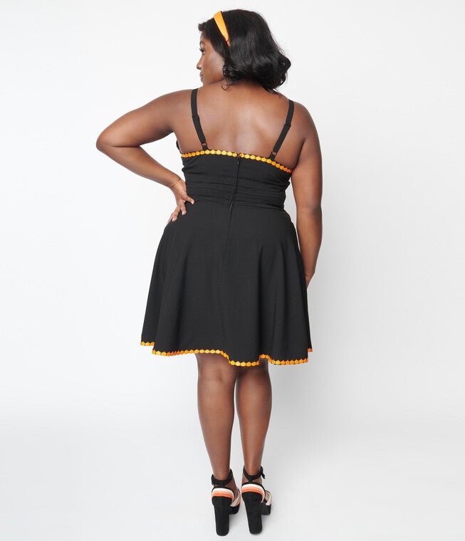 Unique Vintage Black & Pumpkin Trim Follow Your Heart Fit & Flare Dress, Black / Black, alternate image number 2