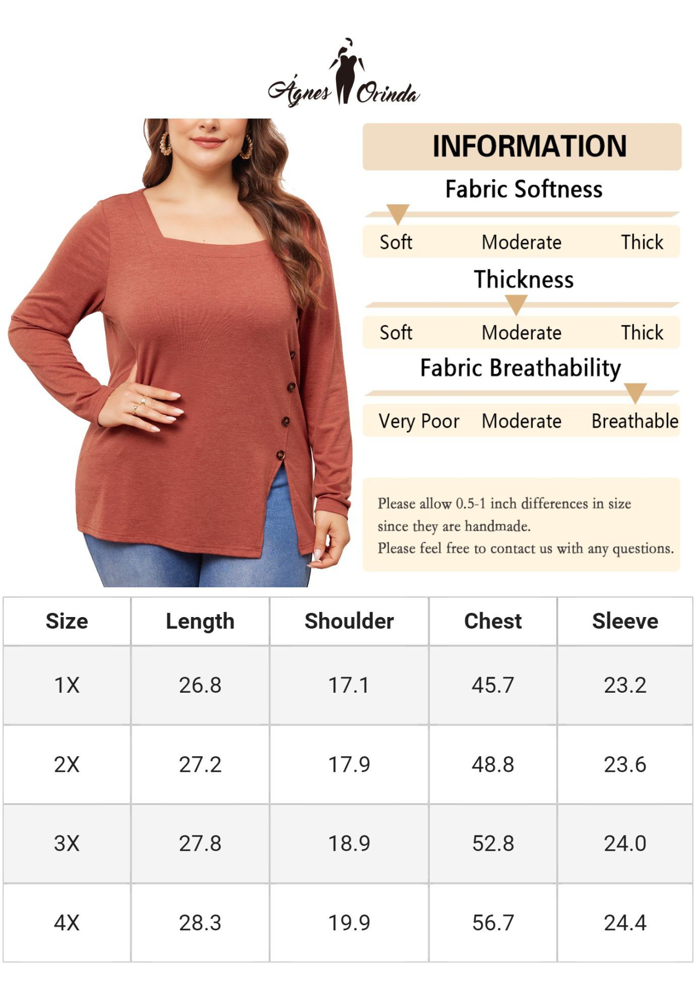 Side Button Square Neck Long Sleeve Tunic Blouse, Red Brown / Burnt Orange, alternate image number 4