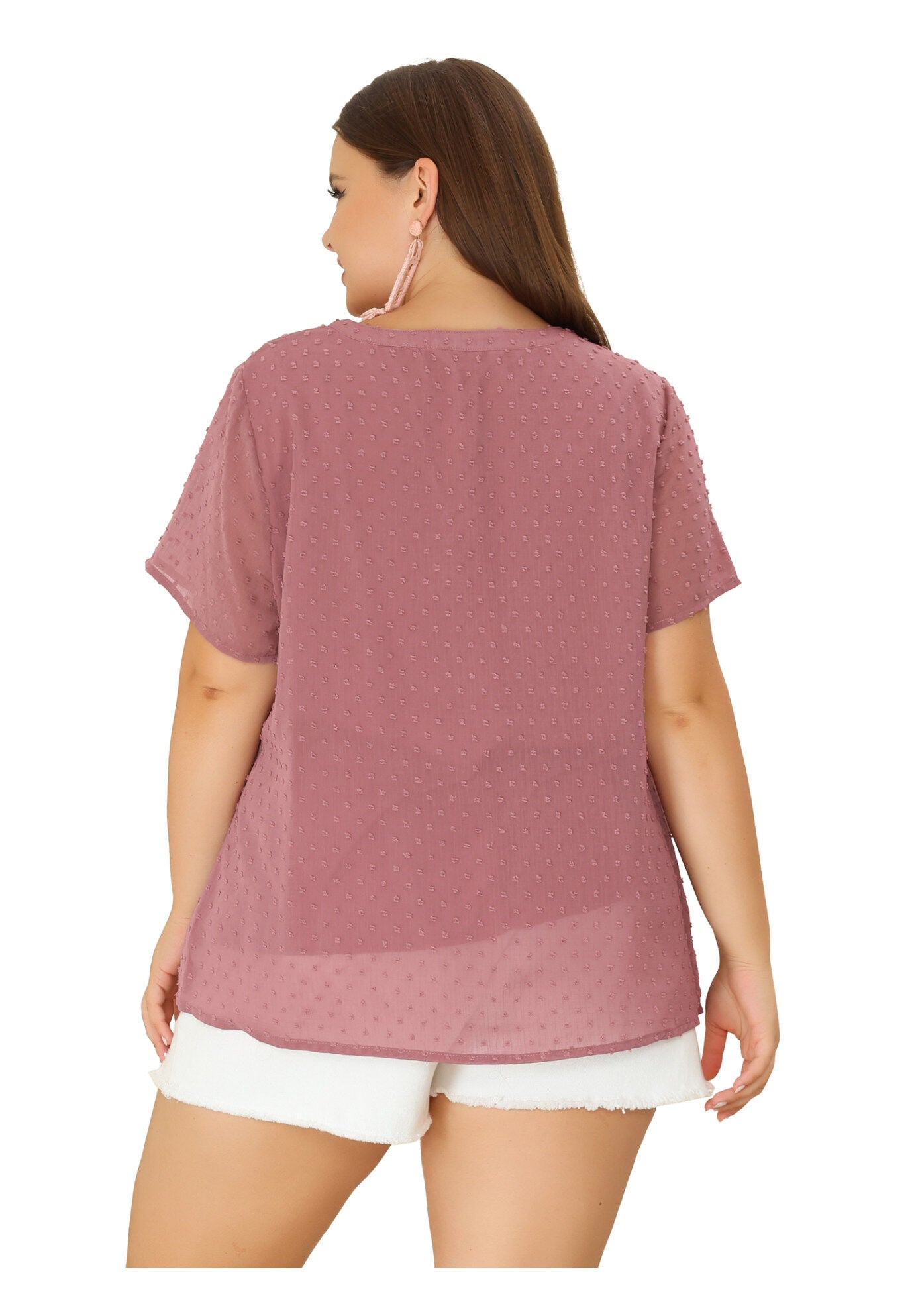 Swiss Dots Notched Neck Short Sleeve Basic Blouse, Gray Purple / Pink, alternate image number 3